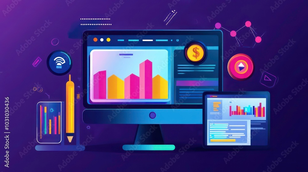 Poster computer and tablet displaying graphs and charts with dollar sign, play button, and pencil.