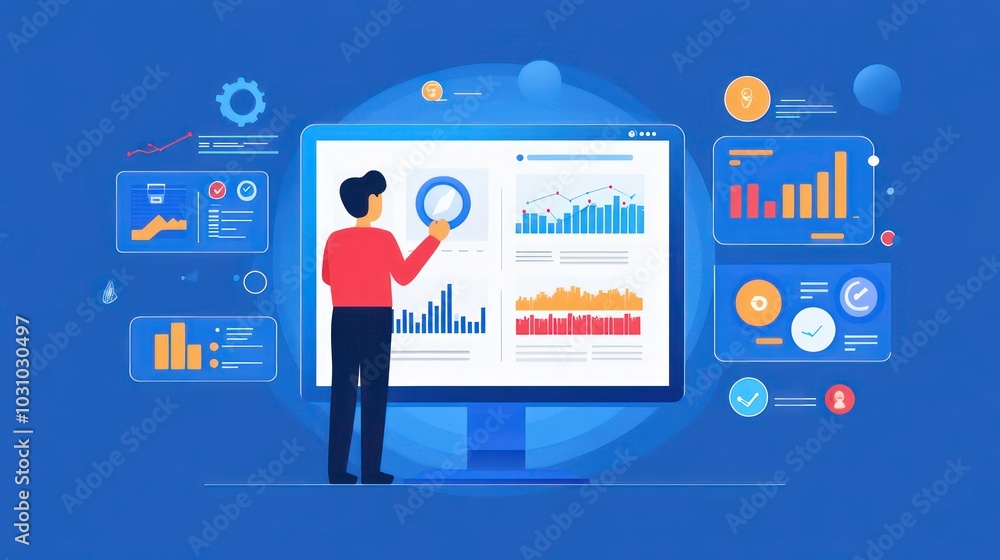 Poster a man stands in front of a large computer screen with various charts and graphs, analyzing data.