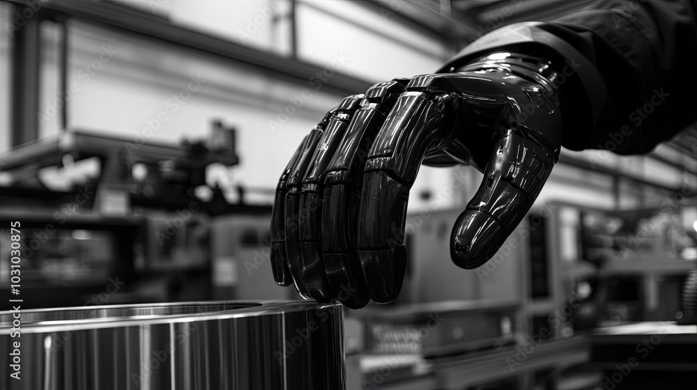 Poster robotic hand interacting with machinery in factory setting