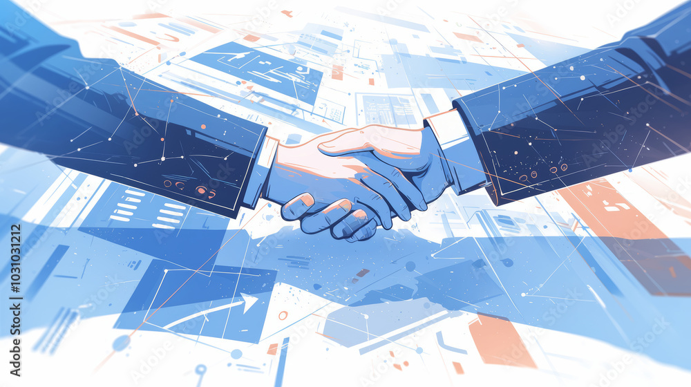 Poster a handshake between two individuals symbolizing collaboration, enveloped in a virtual ecosystem of b