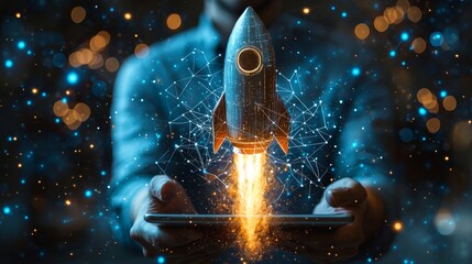The image captures a digital-themed futuristic rocket launch from a mobile device, showcasing innovation, technology, and the future of human achievement in space.