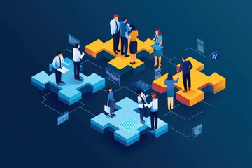 An isometric illustration professionals engaging in a business merger, symbolizing teamwork