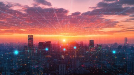 Fototapeta premium Vibrant Sunset Over Urban Cityscape with Digital Effect