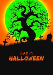 Happy Halloween Banner. Halloween night party flyer. Spooky cemetery at night. Vector illustration