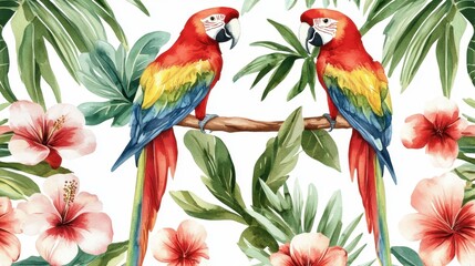 Beautiful seamless watercolor illustration  tropical flowers, palm leaves, and vivid parrots. This botanical pattern is perfect for wallpapers, fabrics, and various creative applications.
