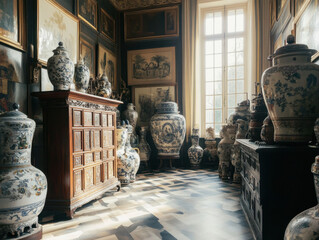 A glimpse into history: an ornate hallway adorned with traditional pottery and rich textiles