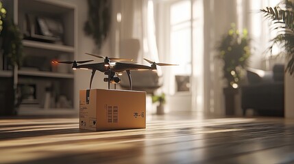 Drone Delivering Package in Modern Indoor Setting