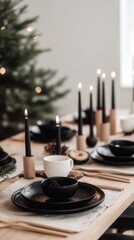 Elegant table setting with black plates, candles, and a Christmas tree in a cozy dining space, creating a warm holiday atmosphere