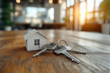 A white mini house model and keys on the table in a modern interior
