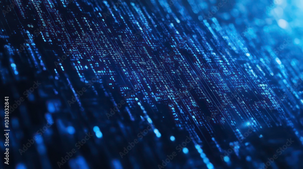Poster abstract blue digital data streams in a dark background.