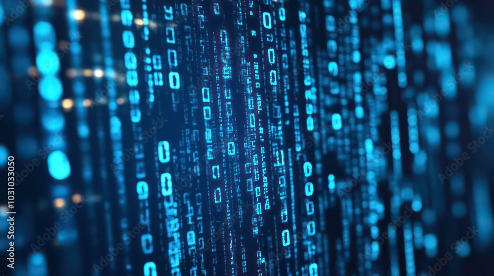 Poster abstract digital background of blue binary code cascading down a dark background.