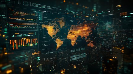 Fototapeta premium An overhead view of a world map with stock market charts and graphs superimposed, representing the dynamic movement of international markets.