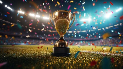 A close-up of a gleaming golden trophy on a football field under stadium lights, with colorful confetti falling around it, victory in a sports event.