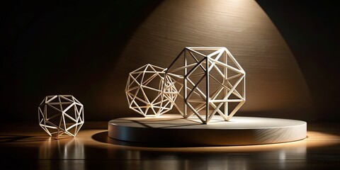 White Abstract Geometric Shapes on a Cylindrical Display Platform for Minimalist Design