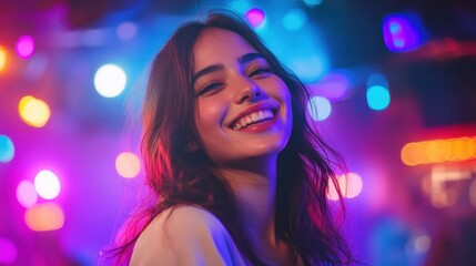 Naklejka premium Happy young woman smiling and dancing in a vibrant nightclub, with colorful lights and energetic atmosphere surrounding her. The scene captures her joy and carefree spirit.