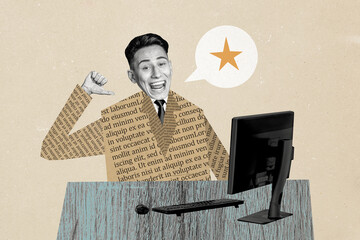 Composite photo collage of happy man employee best worker rate star evaluation pc monitor tool...