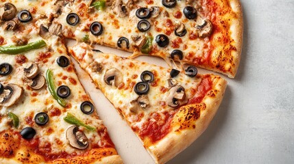 menu, Freshly baked pizza topped with black olives, mushrooms, and green peppers on a wooden table, mockup, mock up, template, empty, for text, place, copyspace, copy space