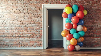 A white door in a brick wall is partially open, with a balloon archway blocking the entrance.