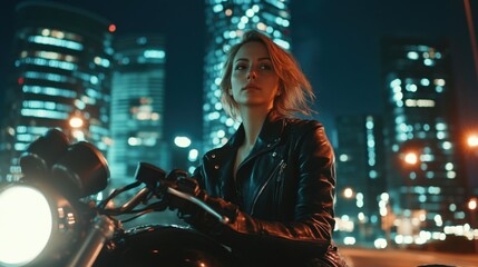 A woman in black leather jacket, seated on a motorcycle, city at night with illuminated skyscrapers and bokeh effect