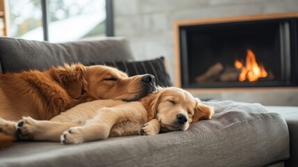 A humorous scene of a large dog sprawled out on a couch, while an adorable golden retriever puppy peacefully snoozes next to him.