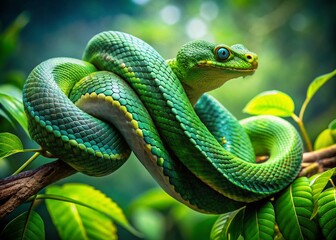 Obraz premium Wild Green Snake Among Lush Leaves - Double Exposure Photography