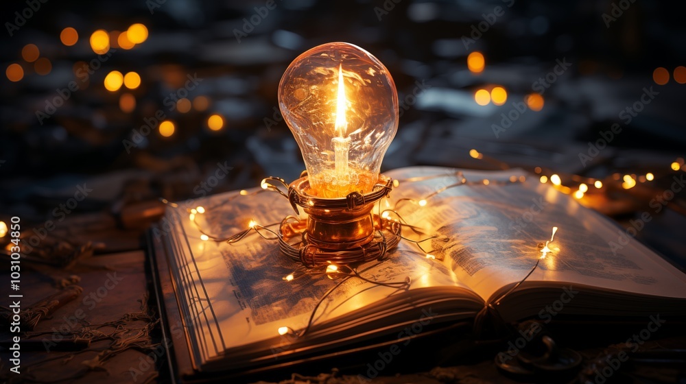Poster a book with a light bulb on top as a symbol of an idea or invention.