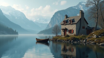 Fototapeta premium A peaceful cabin by the serene lake surrounded by mountains during a cloudy day