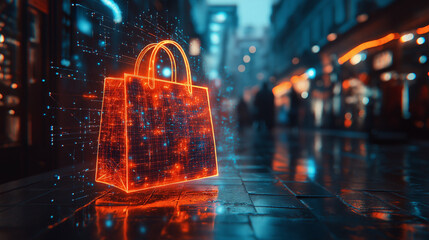 Digital hologram shopping bag with a glowing cyber network and futuristic interface on a blurred background
