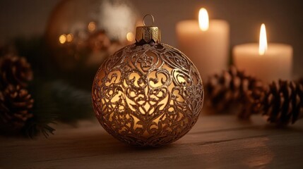 A beautifully crafted Christmas bauble with intricate golden motifs, glimmering under warm lights.