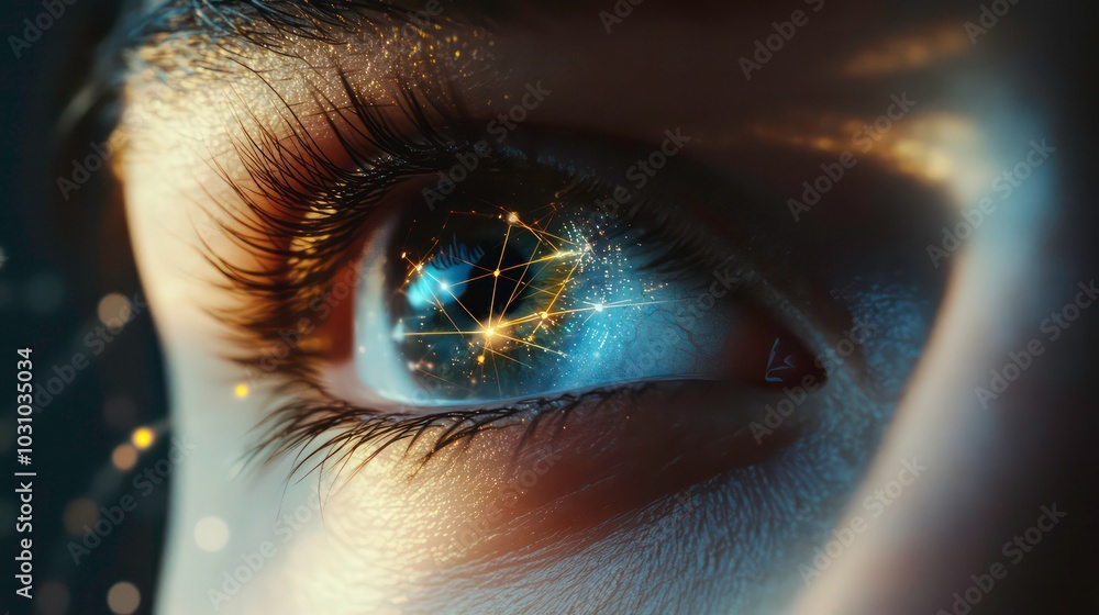 Poster close-up of a human eye with a glowing network of lines and points in the iris, representing digital
