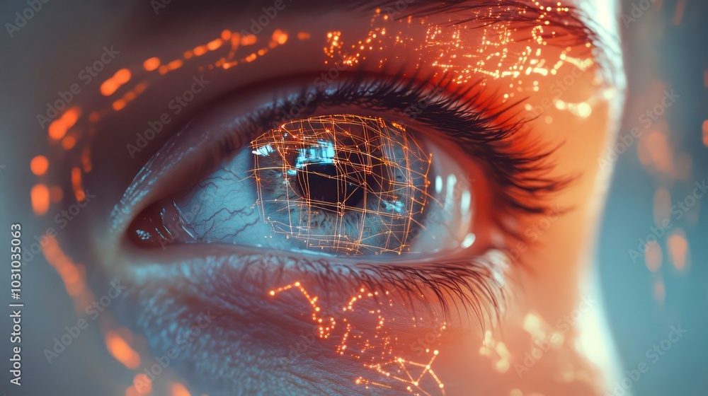 Aufkleber a close-up of a human eye with a digital network pattern reflected in the iris.