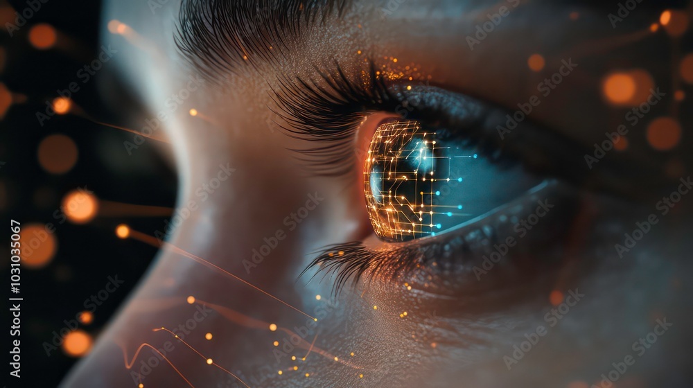 Poster close-up of a human eye with a digital circuit board pattern inside the iris.