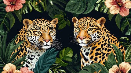 Naklejka premium Jaguar and leopard pattern with tropical floral background, seamless design