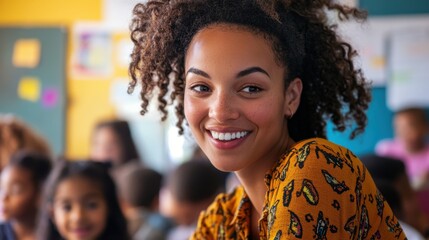 A compassionate and confident female teacher in a vibrant classroom, engaging with a diverse group of eager young learners. 