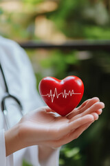 A person holds a vibrant red heart symbolizing love and life surrounded by nature