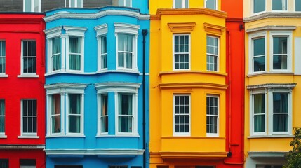 Obraz premium A row of colorful townhouses with red, blue, yellow and orange paint.
