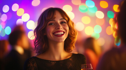 Fototapeta premium Joyful woman at a festive party A vibrant party scene with a joyful woman in the foreground, her wide smile reflecting the celebratory mood. In the background, blurred bokeh lights