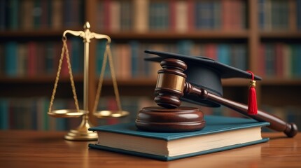 A graduation cap resting on law books with a gavel symbolizing legal education and achievement in a library setting