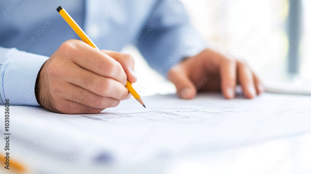 Poster precision architectural design a close-up of an architectâs hands carefully working on technical d