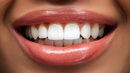 A close-up view of a smiling woman showcasing bright white teeth and glossy lips