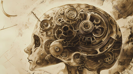 Steampunk brain, data gears and cogs, vintage technology, sepia tones. Vintage Sepia. Illustration