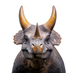 Fototapeta premium Close up of a triceratops head showing its large horns and rough skin, on a transparent background