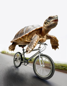 tortuga en bicicleta, tortuga r&aacute;pida, fondo blanco, tortuga montando bicicleta, divertido, tortuga en carrera, chistoso, montando bicicleta, viajando, AI, inteligencia artificial, arte, montaje, 