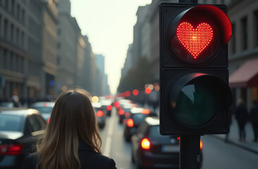 City traffic light with a red heart burning on it