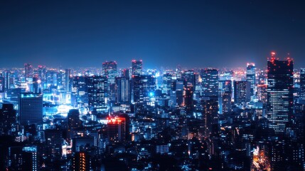 Fototapeta premium A panoramic view of a city skyline at night with skyscrapers illuminated by bright lights.