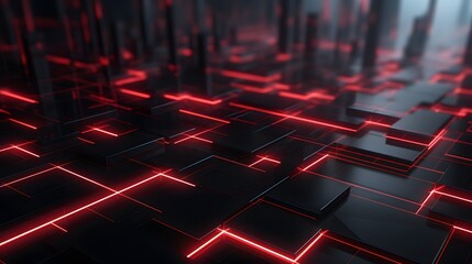 Obraz premium 3d rendering of black and red abstract geometric background. Scene for advertising, technology, showcase, banner, game, sport, cosmetic, business, metaverse. Sci-Fi Illustration. Product display