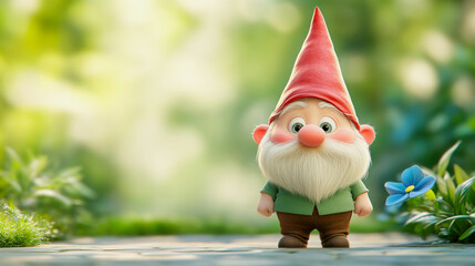 Obraz premium A cheerful garden gnome stands on a stone path surrounded by vibrant greenery and a blue flower during a sunny day