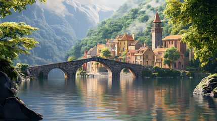 Serene french town surrounded by tranquil waters, majestic stone bridge, and lush greenery, exuding a sense of historic charm and picturesque elegance. Majestic Fjord. Illustration