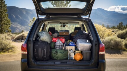 A car's open trunk filled with neatly packed camping gear and supplies, ready for an adventurous journey amid pristine mountain landscapes.
