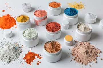 Colorful powders arranged in various containers on a clean surface, showcasing their vibrant hues...